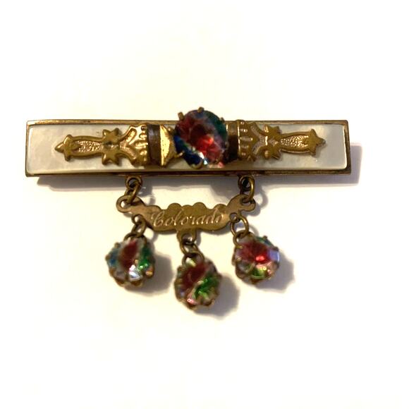 Antique Czech Iris Glass and Mother of Pearl State Souvenir Dangle Brooch - Picture 1 of 8